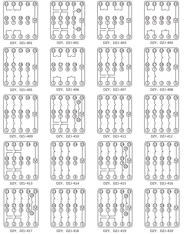 DZY（J)-416導軌式中間繼電器內部端子外引接線圖(正視)